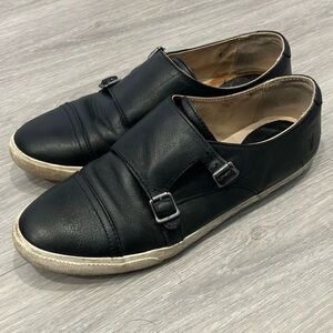 Frye Mindy Double Monk Strap Black Leather Slip-On Sneakers Shoes Size 9.5